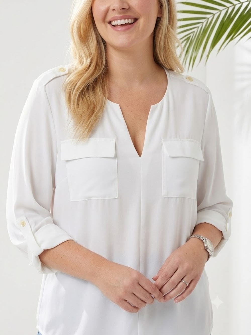 Plus Sized Split Neck Utility Blouse Roll Sleeve Minimalist Office Siren Blouse - Picture 5 of 17